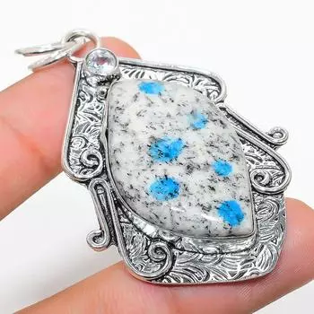 Natural K2 Blue Azurite, White Topaz 925 Sterling Silver Pendant 2.56 K0y82