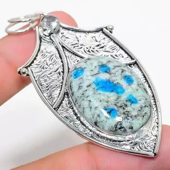 Natural K2 Blue Azurite, White Topaz 925 Sterling Silver Pendant 2.68 p7k18