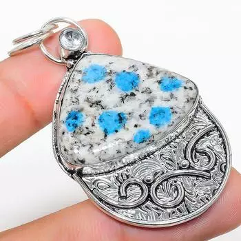 Natural K2 Blue Azurite, White Topaz 925 Sterling Silver Pendant 2.44 G3m21