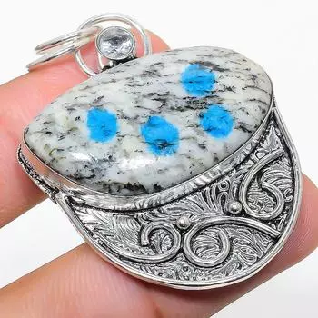 Natural K2 Blue Azurite, White Topaz 925 Sterling Silver Pendant 2.17 B2E89
