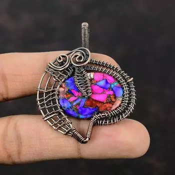 Натуральный бирюзовый кулон Kingman Pink Dahlia, обернутый медной проволокой, ювелирное изделие ручной работы, кулон с драгоценным камнем для подарка, дизайнерское медное ювелирное изделие
