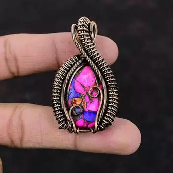 Natural Kingman Pink Dahlia Turquoise Pendant Copper Wire Wrapped Pendant Gemstone Pendant Antique Copper Jewelry Handmade Pendant For Gift