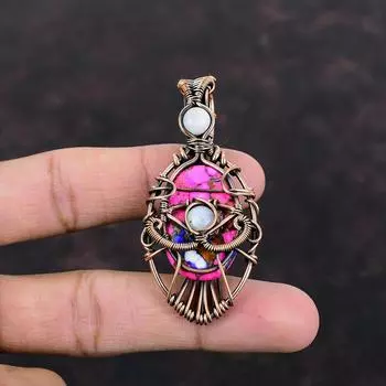 Natural Kingman Pink Dahlia Turquoise Pendant Copper Wire Wrapped Pendant Evil Eye Pendant Handmade Gemstone Pendant Moonstone Wire Jewelry