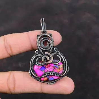Natural Kingman Pink Dahlia Turquoise Pendant Copper Wire Wrapped Gemstone Pendant Handmade Jewelry Designer Pendant Copper Jewelry For Gift