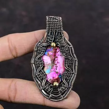 Natural Kingman Pink Dahlia Turquoise Pendant Copper Wire Wrapped Pendant Gemstone Copper Jewelry Handmade Wire Wrap Jewelry Gift For Women