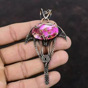 Natural Kingman Pink Dahlia Turquoise Pendant Copper Wire Wrapped Gemstone Pendant Ethnic Style Pendant Handmade Copper Jewelry Gift For Her