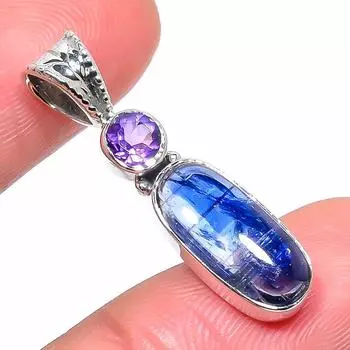 Natural Kyanite, Amethyst Gemstone 925 Solid Sterling Silver Pendant 1.22 F0Z41