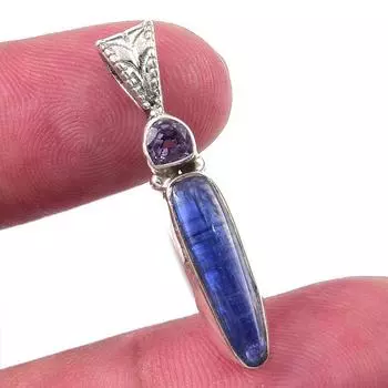 Natural Kyanite, Pink Amethyst 925 Solid Sterling Silver Pendant 1.25 Y8s40