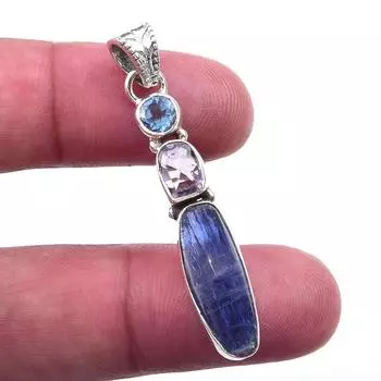 Natural Kyanite, Pink Amethyst 925 Solid Sterling Silver Pendant 1.75 w1s54