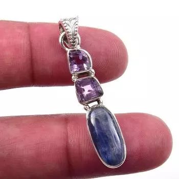 Natural Kyanite, Pink Amethyst 925 Solid Sterling Silver Pendant 1.75 v5p59