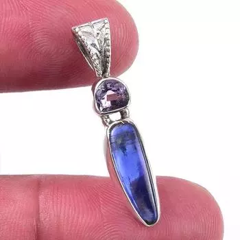 Natural Kyanite, Pink Amethyst 925 Solid Sterling Silver Pendant 1.25 w0j36