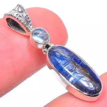 Natural Kyanite, Rainbow Moonstone 925 Solid Sterling Silver Pendant 1.26 o1v94