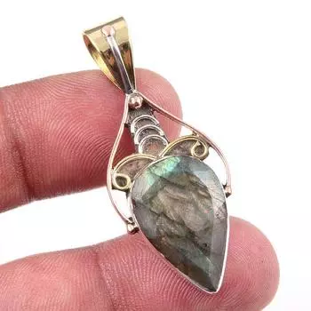 Natural Labradorite 925 Solid Sterling Silver Jewelry TwoTone Pendant 1.75 p3R11