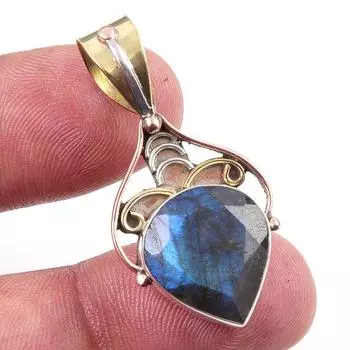 Natural Labradorite 925 Solid Sterling Silver Jewelry TwoTone Pendant 1.50 V5C72