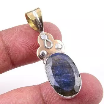 Natural Labradorite 925 Solid Sterling Silver Jewelry TwoTone Pendant 1.75 M1R88