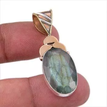 Natural Labradorite 925 Solid Sterling Silver Jewelry TwoTone Pendant 1.75 o3W27