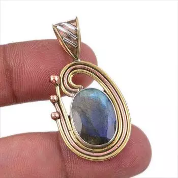 Natural Labradorite 925 Solid Sterling Silver Jewelry TwoTone Pendant 1.75 B1V91