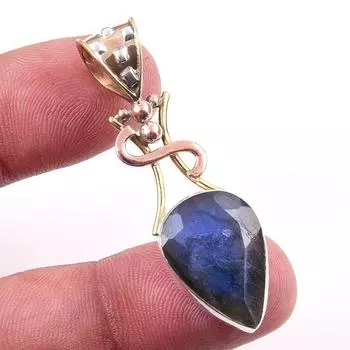 Natural Labradorite 925 Solid Sterling Silver Jewelry TwoTone Pendant 1.75 r0Q75