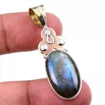 Natural Labradorite 925 Solid Sterling Silver Jewelry TwoTone Pendant 1.75 R8D50