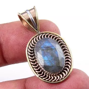 Natural Labradorite 925 Solid Sterling Silver Jewelry TwoTone Pendant 1.25 r7c52