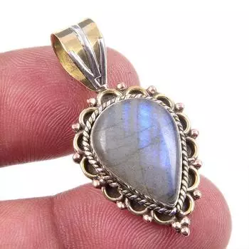 Natural Labradorite 925 Solid Sterling Silver Jewelry TwoTone Pendant 1.50 M5G06