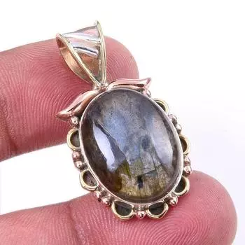 Natural Labradorite 925 Solid Sterling Silver Jewelry TwoTone Pendant 1.25 h6K48