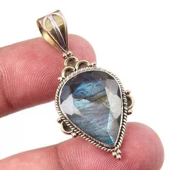 Natural Labradorite 925 Solid Sterling Silver Jewelry TwoTone Pendant 1.75 J3N06