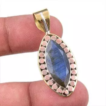 Natural Labradorite 925 Solid Sterling Silver Jewelry TwoTone Pendant 1.75 N3i38