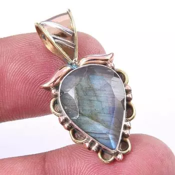 Natural Labradorite 925 Solid Sterling Silver Jewelry TwoTone Pendant 1.25 w2t92