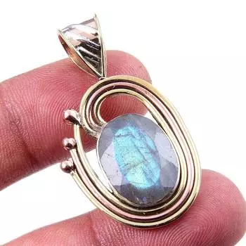 Natural Labradorite 925 Solid Sterling Silver Jewelry TwoTone Pendant 1.50 h3S51