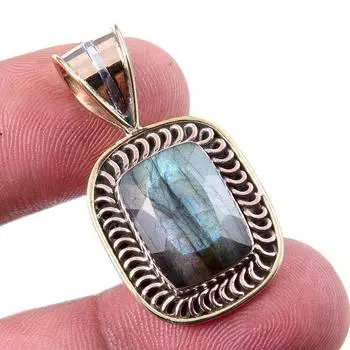 Natural Labradorite 925 Solid Sterling Silver Jewelry TwoTone Pendant 1.25 P7Y52