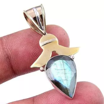 Natural Labradorite 925 Solid Sterling Silver Jewelry TwoTone Pendant 1.75 Q4Z65
