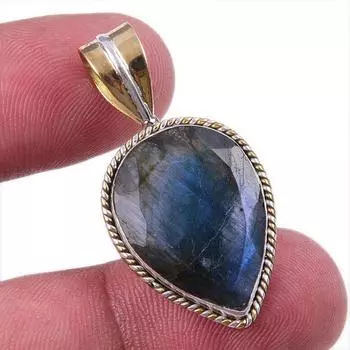 Natural Labradorite 925 Solid Sterling Silver Jewelry TwoTone Pendant 1.50 u9E31