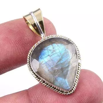 Natural Labradorite 925 Solid Sterling Silver Jewelry TwoTone Pendant 1.25 c2U30