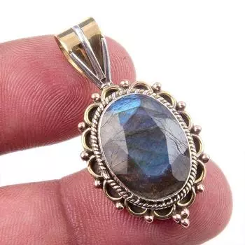 Natural Labradorite 925 Solid Sterling Silver Jewelry TwoTone Pendant 1.50 A7j48