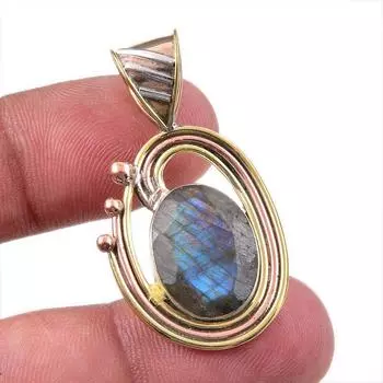 Natural Labradorite 925 Solid Sterling Silver Jewelry TwoTone Pendant 1.50 Q7K51