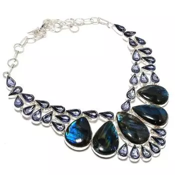Natural Labradorite, Amethyst 925 Sterling Silver Jewelry Necklace 18 a3T56