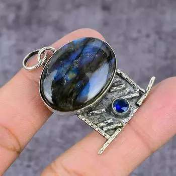 Подвеска из серебра 925 пробы с натуральным лабрадоритом, голубым топазом 2,27 дюйма v7R99