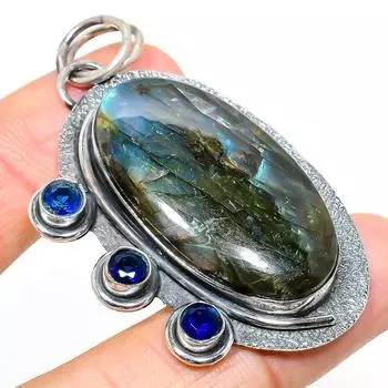 Natural Labradorite, Blue Topaz Gemstone 925 Sterling Silver Pendant 2.40 b9h23