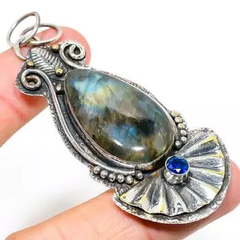 Natural Labradorite, Blue Topaz Gemstone 925 Sterling Silver Pendant 3.03 B0Y52