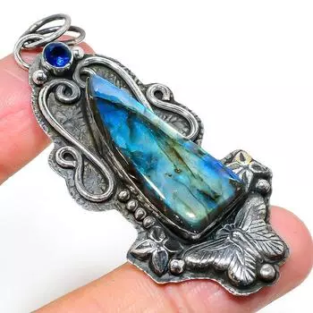 Natural Labradorite, Blue Topaz Gemstone 925 Sterling Silver Pendant 2.88 q9P21