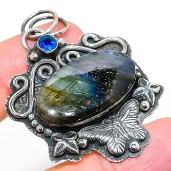 Natural Labradorite, Blue Topaz Gemstone 925 Sterling Silver Pendant 2.25 L3p17