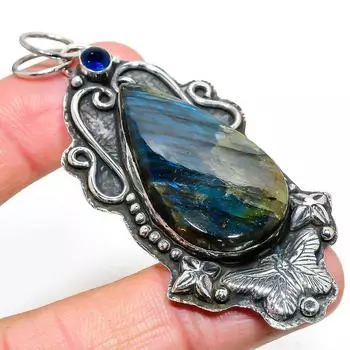 Natural Labradorite, Blue Topaz Gemstone 925 Sterling Silver Pendant 2.99 L5B79