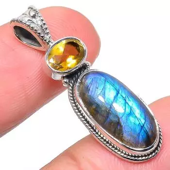 Natural Labradorite,Citrine 925 Solid Sterling Silver Jewelry Pendant 1.38 V2Y02