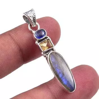 Natural Labradorite, Citrine 925 Solid Sterling Silver Gift Pendant 1.75 b2z00