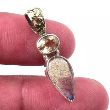 Natural Labradorite, Citrine 925 Solid Sterling Silver Gift Pendant 1.25 h3H59