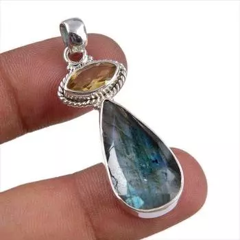 Natural Labradorite,Citrine Gemstone 925 Solid Silver Jewelry Pendant 1.75 z4j93