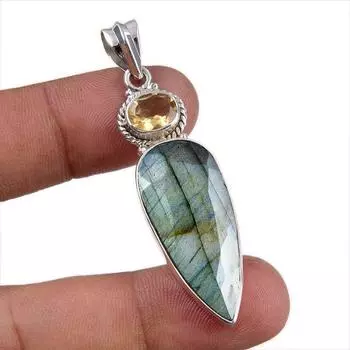 Natural Labradorite,Citrine Gemstone 925 Solid Silver Jewelry Pendant 2.25 m4F31