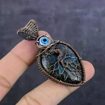 Natural Labradorite, Evil Eye Copper Wire Wrap Jewelry Pendant 2.56 E9O54