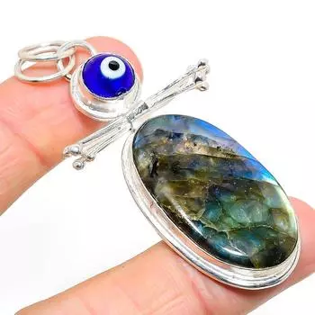 Natural Labradorite, Evil Eye Gemstone 925 Sterling Silver Pendant 2.68 F3O26